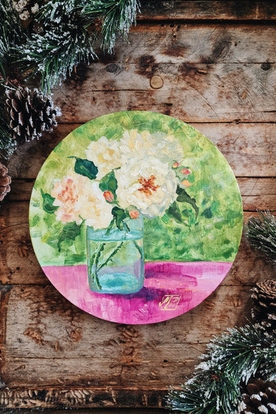 READY TO SHIP AUCTION | Original 10" Round Acrylic Painting {Banana Scented Roses}
