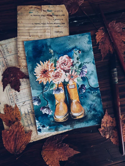 READY TO SHIP AUCTION | Fall Flowers & Boots Original Watercolor {5" x 7"}